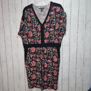 Long Tall Sally Women's Black Floral Rayon V-Neck Sheath Dress Size 18 Pockets.